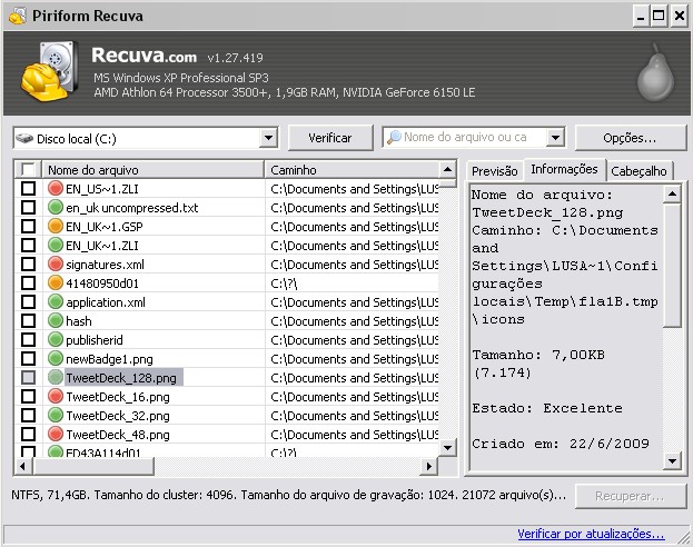 Existem duas modalidades de interface do Recuva!